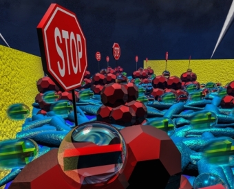 An artist's rendition (appearing on the cover of the journal Advanced Functional Materials) of the charge carrier "traps" created by the addition of certain molecules to polymer semiconductor materials.